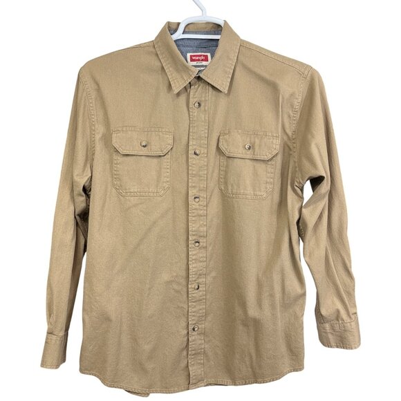 Wrangler Mens Medium Khaki Flex Long Sleeve Shirt Cotton Casual Button-Up Style - Picture 1 of 4